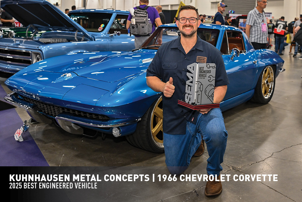 Kuhnhausen Metal Concepts poses with  Best Engineered Vehicle Award and their 1966 Chevrolet Corvette 