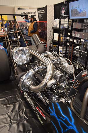 Diesel engine in blue and black dragster