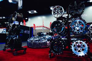 Wheels in front with black and white race car with hood scoop in background